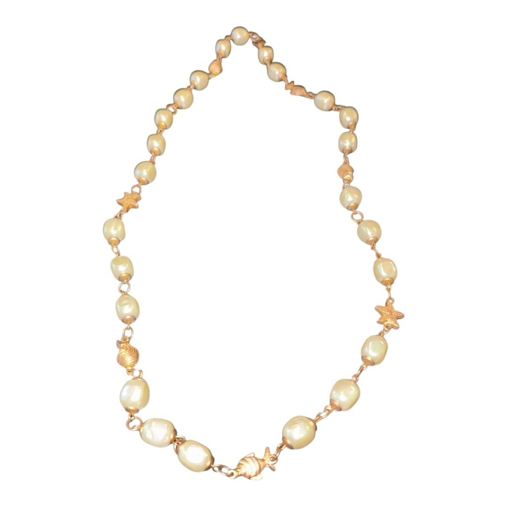 Freshwater Pearl (faux) brushed gold seashell design necklace  AA Chain 8
